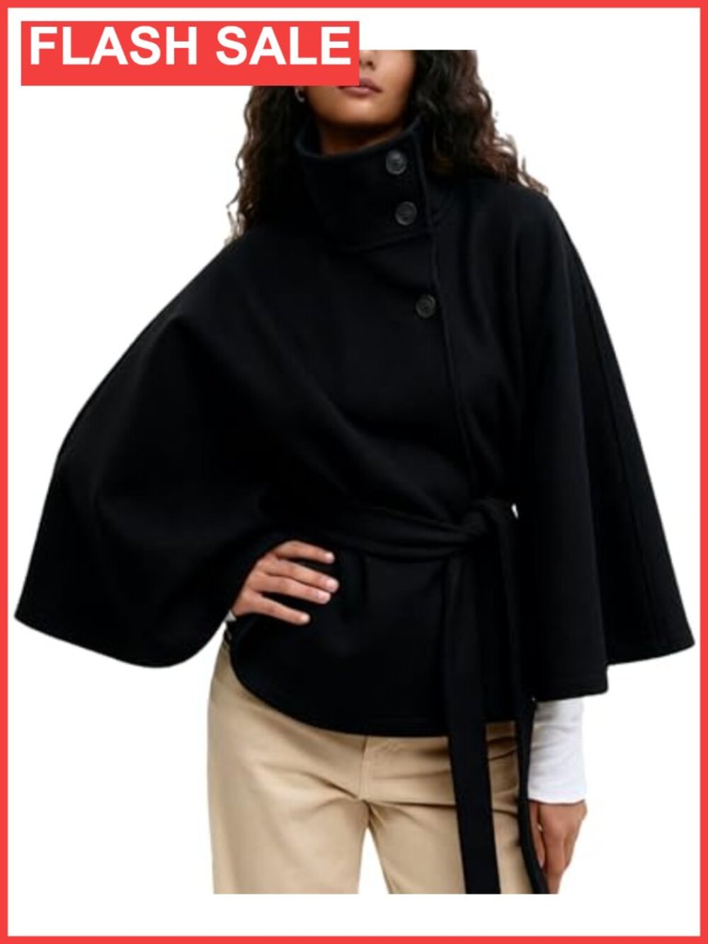 Wool Blend Batwing Sleeve Poncho Cape Coat Belted Button Winter